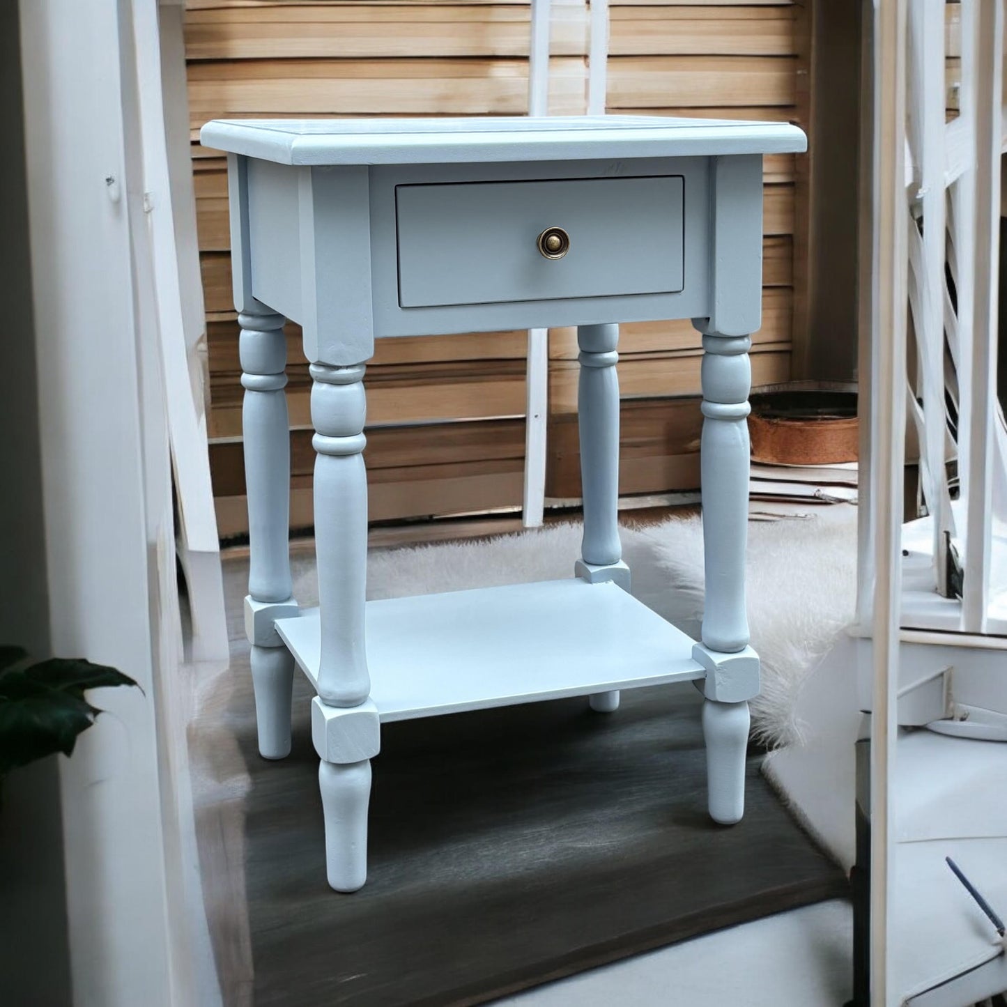 Modern and Stylish Bedside Wooden Side Table with 1 Drawer and Shelf - Sleek Art Deco Solid Pine Wood Side Tables with Storage for Home, Office, Living Room, and Hallways Decor (Solid, Sky Blue)