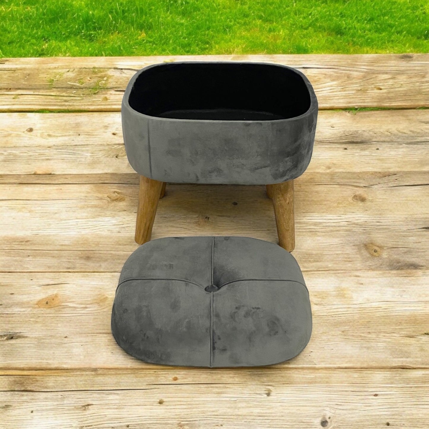 AcaciaHome Stylish & Durable Living Velvet Ottoman Footstool with Lift-Up Storage, Round Design, Traditional Pattern, Comfortable Medium Firmness for Living Room, Office or Lounge (Grey, Round)