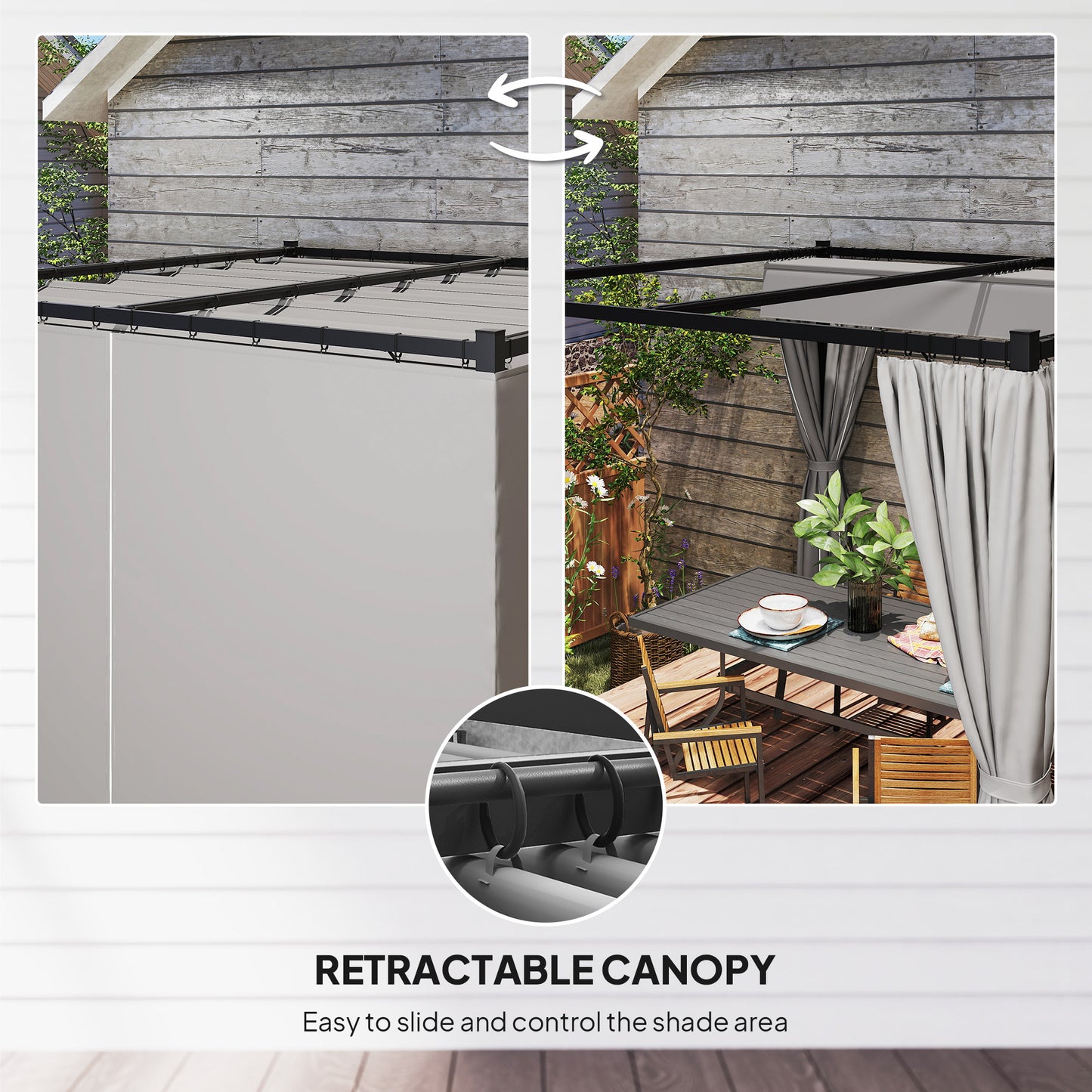 Outsunny 3 x 3(m) Pergola with Retractable Roof and Curtains, Light Grey