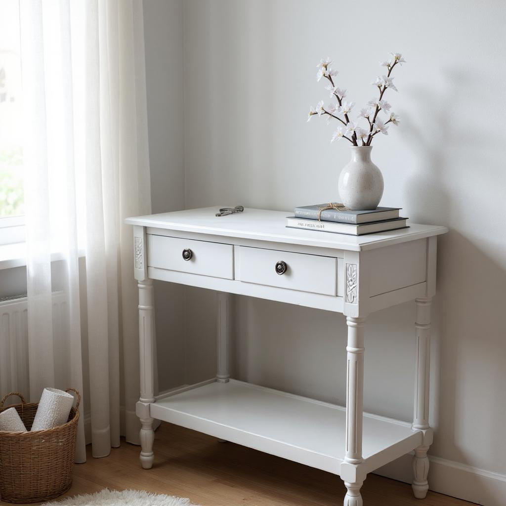 Modern and Stylish 2 Drawer Rectangular Console Table - Medium Wood Tone Finish for Sleek Hallway Side Table with Knob Handle Drawers for Home, Office, Bedrooms, or Living Spaces (Moonstruck Grey)