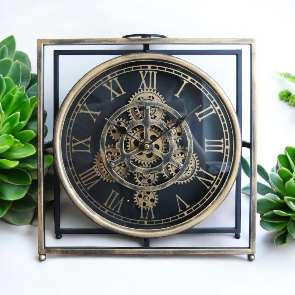 Elegant and Modern Mantel Gear Clock – Black & Gold Round Design with Moving Gears, Silent Sweep Mechanism, Functional Drawer, Stylish Home or Office Décor, Living Room