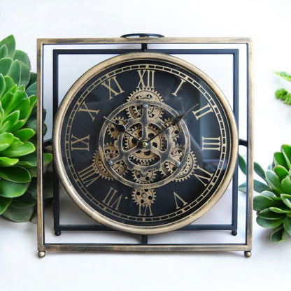Elegant and Modern Mantel Gear Clock – Black & Gold Round Design with Moving Gears, Silent Sweep Mechanism, Functional Drawer, Stylish Home or Office Décor, Living Room
