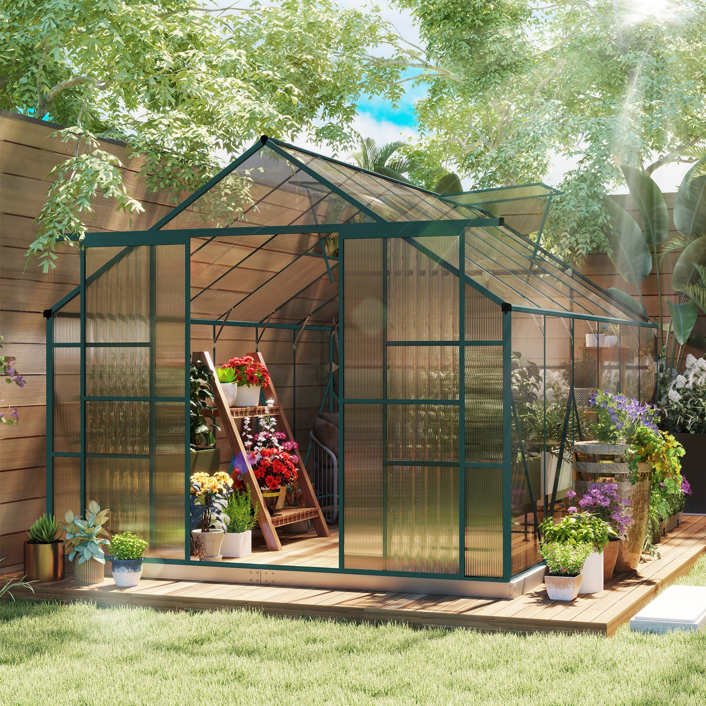 8x12ft Polycarbonate Walk-in Greenhouse Outdoor Double Sliding Door Outsunny