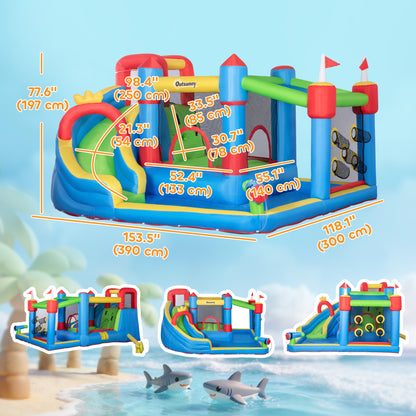 Outsunny 6 in 1 Kids Bouncy Castle, with Water Slide, Water Gun, Climbing Wall, Air Blower for Indoors/Outdoors, 3.9 x 3 x 2m