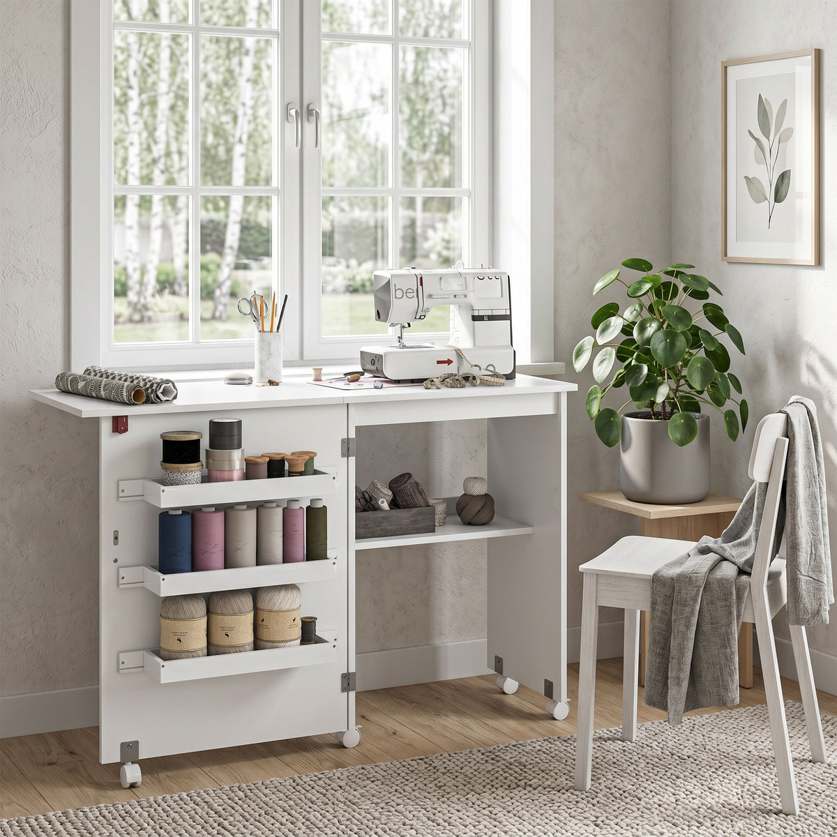 HOMCOM Folding Sewing Table, Drop Leaf Craft Table with Storage Bins, Open Shelf and Wheels, Rolling Sewing Machine Cabinet Computer Desk for Small Space, White