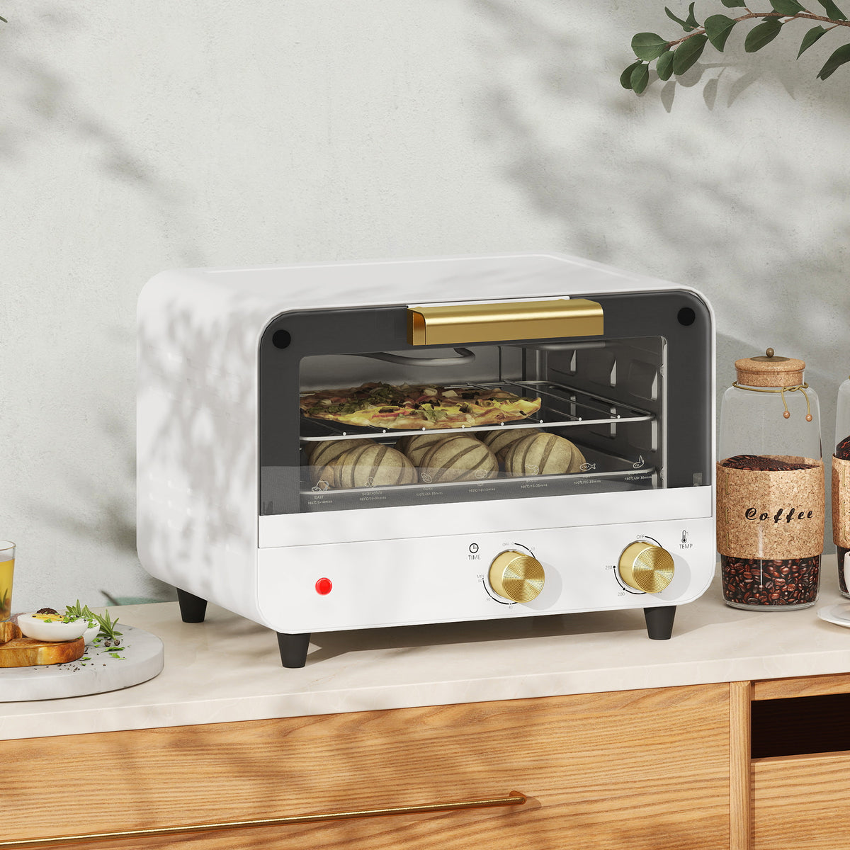 HOMCOM Small Toaster Oven, 12L Multifunction Mini Countertop Oven with Glass Door, Adjustable Temperature and Timer, White