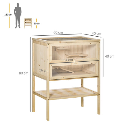 PawHut Wooden Hamster Cage with Storage Shelf, Small Animal Exercise Play House Gerbil Cage with Openable Top, Ramp for Gerbils, Drawf Hamsters, 60 x 40 x 80 cm - Natural