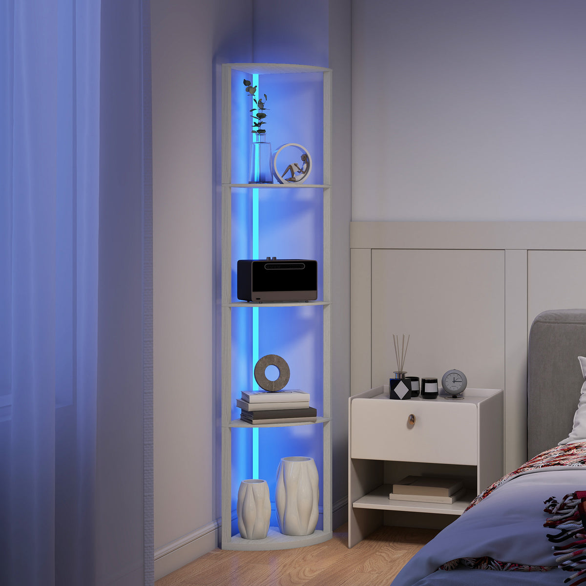 HOMCOM RGB LED Floor Lamp with Shelves, 4-Tier Dimmable Standing Lamp with Remote Control, Oak