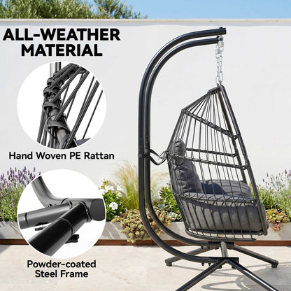 Outsunny Rattan Double Hanging Egg Chair with Stand, Foldable Wicker Swing Egg Chair with Cushion, Head Pillows, Steel Frame, Hammock Chair for Indoor Outdoor, Capacity 260 kg, Dark Grey