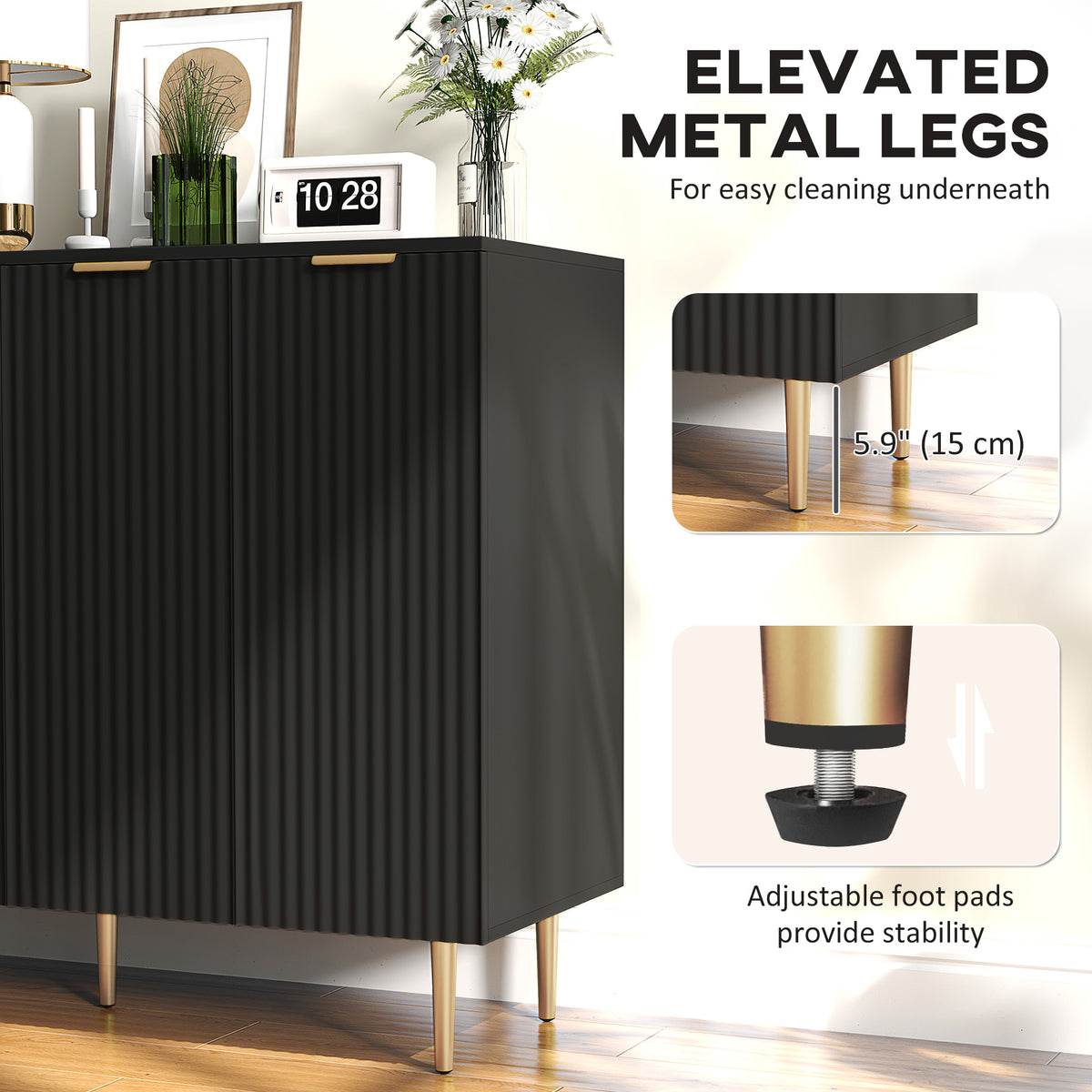 HOMCOM Sideboard Buffet Cabinet, Modern Kitchen Storage Cabinet with Adjustable Shelves and Metal Legs, Black