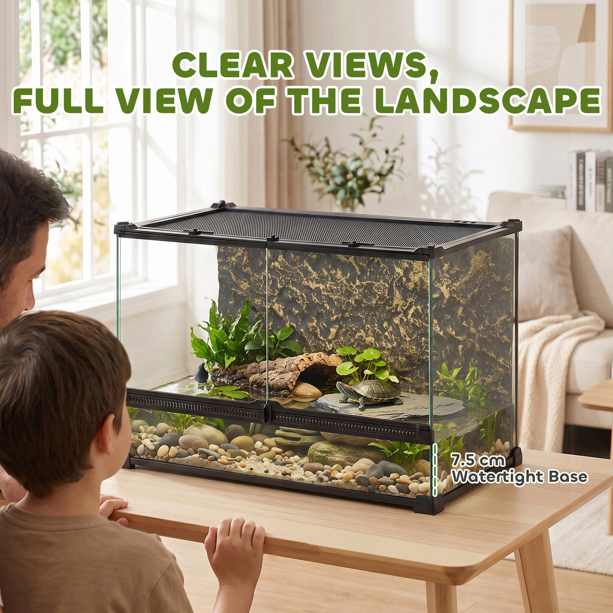 PawHut Reptile Glass Terrarium with Stone Background, Front Ventilation, Escape-Proof Knob Lock, 50 x 30 x 35 cm, Black