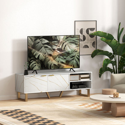 HOMCOM Marble Effect TV Unit, Modern TV Stand Cabinet for up to 70" TVs, with Shelves and Storage Cupboard, Fluted Door, Extra Centre Leg, Cable Management for Living Room, White