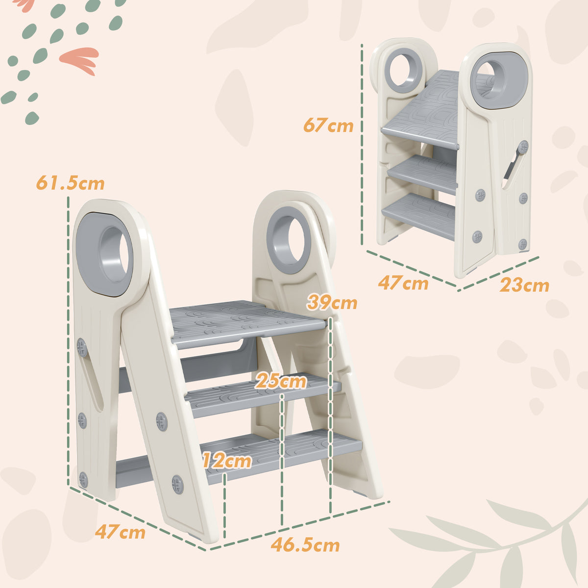 AIYAPLAY Foldable and Adjustable Kids Step Stool with Handle, Non-Slip, Grey