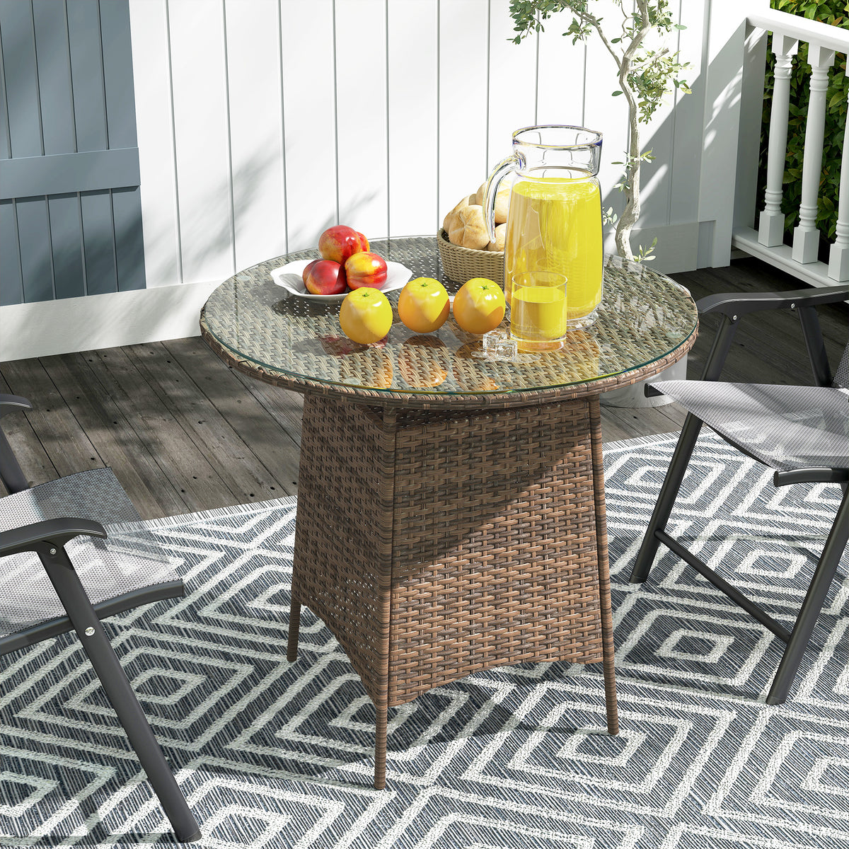 Outsunny Wicker Garden Rattan Table, Patio Furniture Outdoor Coffee Table with Umbrella Hole and Tempered Glass Top, Brown