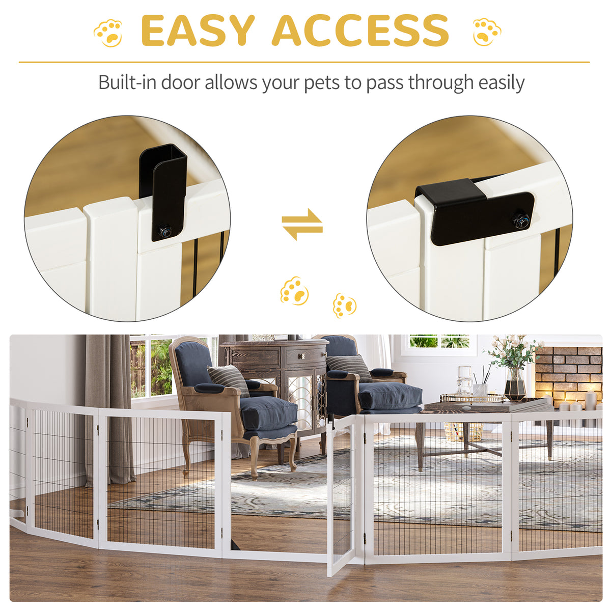 PawHut Wooden Pet Gate, Freestanding Dog Safety Barrier with 2 Support Feet, White