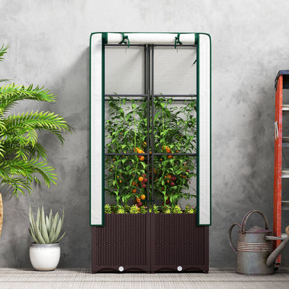 Outsunny Raised Garden Bed with Trellis, Plastic Planter Box with PE Cover, Drainage Holes, Drain Plugs and Water Reservoirs for Climbing Plants, Vegetables, Flowers, 80 x 40 x 140 cm
