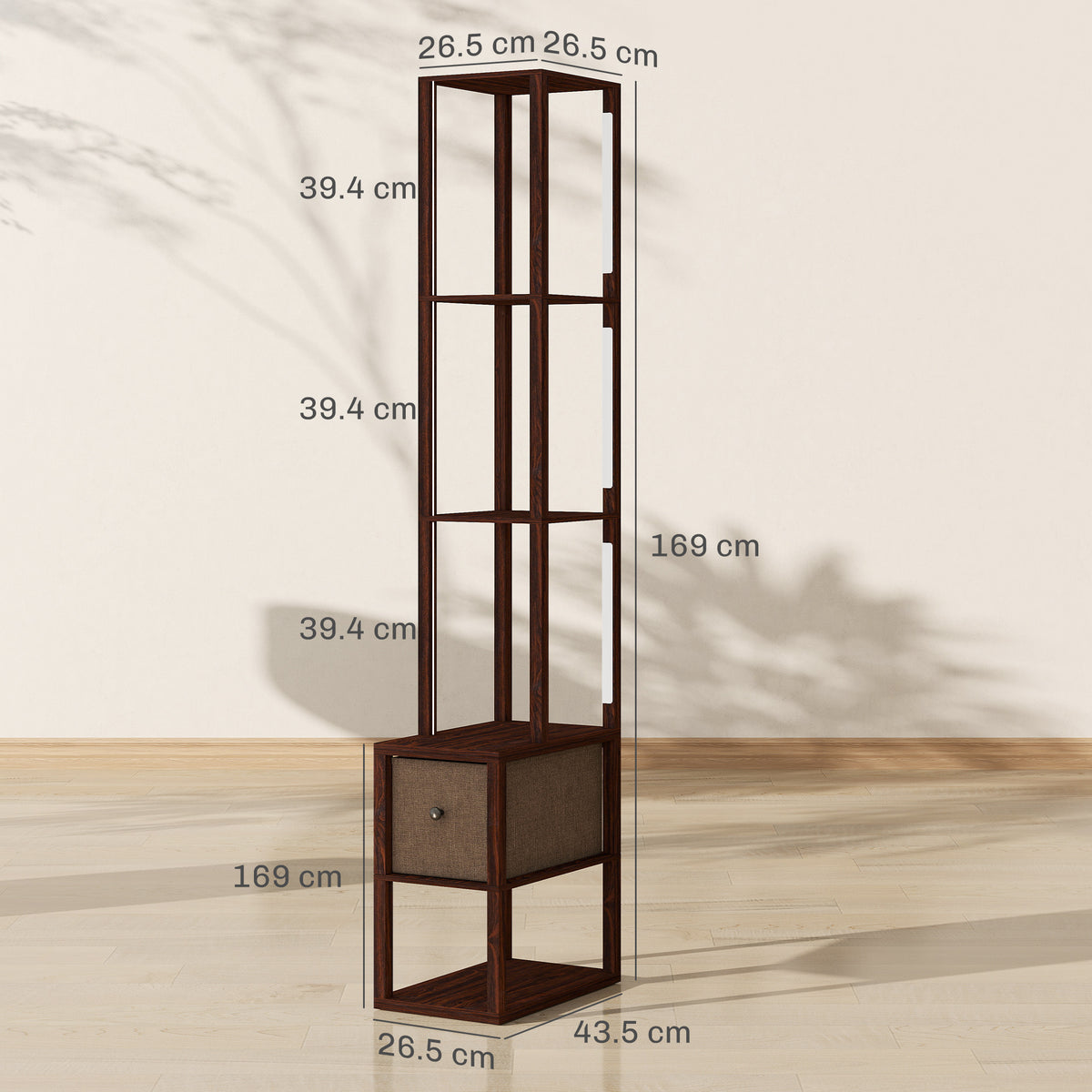 HOMCOM Floor Lamp with Shelves, LED Column Modern Standing Lamp with Fabric Drawer, Adjustable Brightness, Foot Switch for Living Room, Bedroom, Office, Dark Brown