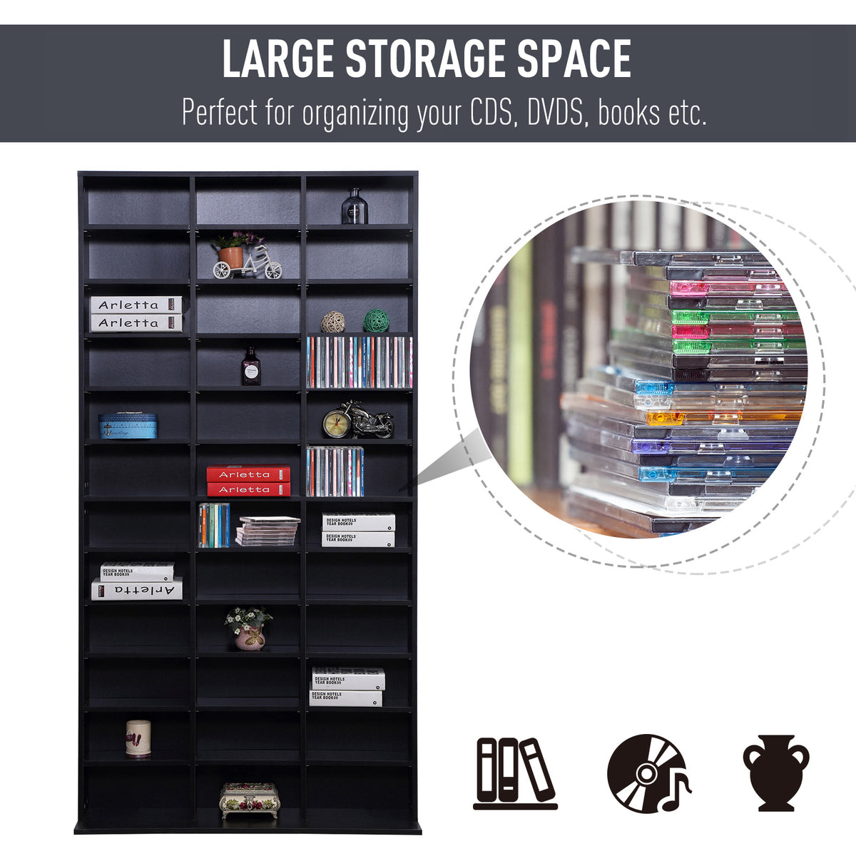 HOMCOM 1116 CD/ 528 DVD Storage Unit, Media Storage Shelf, Wooden Display Unit with Adjustable Shelves, 102 x 195 cm, Black