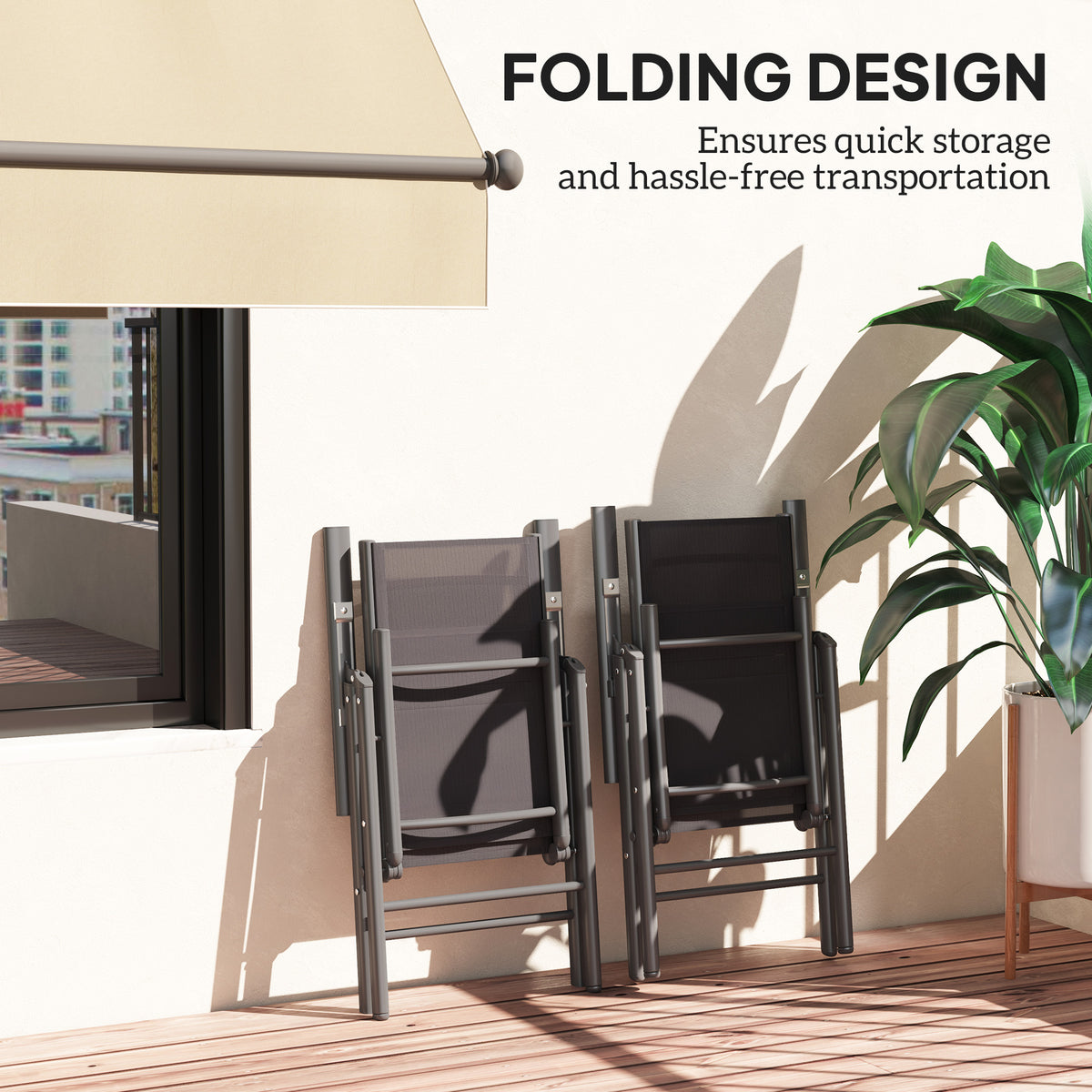 Outsunny Set of 2 Folding Garden Chairs, Aluminium Frame Outdoor Dining Chairs with Breathable Mesh Back and Seat, Garden Folding Chair Set with Armrests for Balcony, Dark Grey
