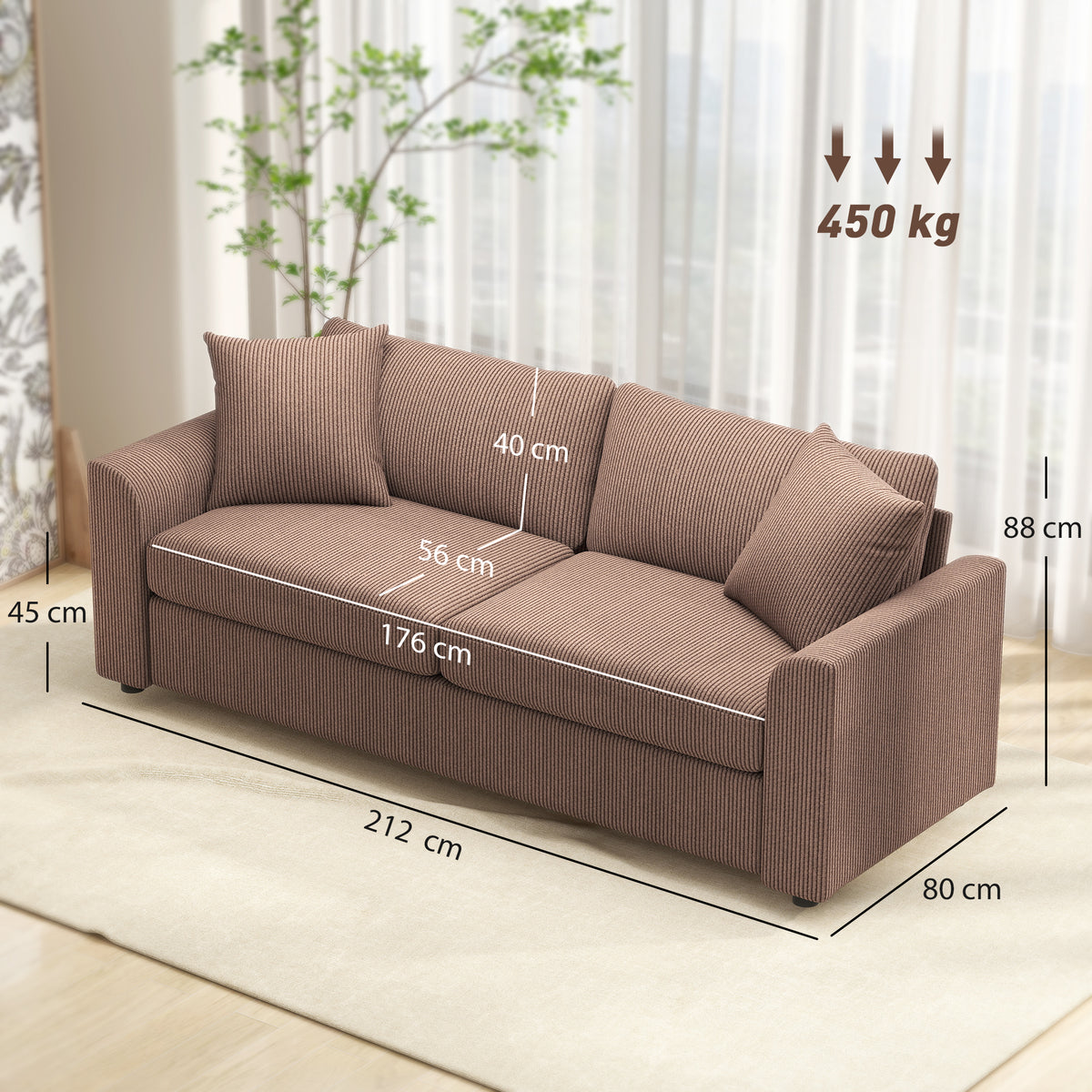 HOMCOM 3 Seater Sofa, 212cm Corduroy Couch with Spring Cushion, Wide and Deep Seat, Plush Backrest, 2 Pillows, Sofa Settee for Living Room, Home Office, Coffee