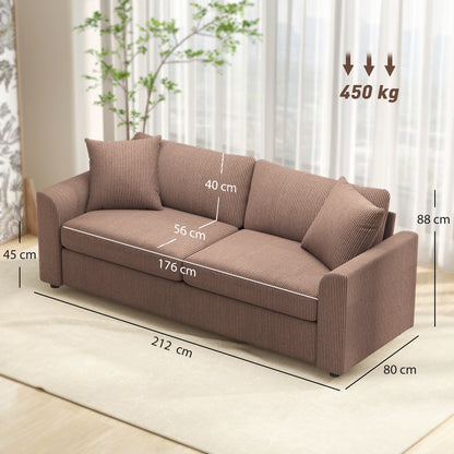 HOMCOM 3 Seater Sofa, 212cm Corduroy Couch with Spring Cushion, Wide and Deep Seat, Plush Backrest, 2 Pillows, Sofa Settee for Living Room, Home Office, Coffee