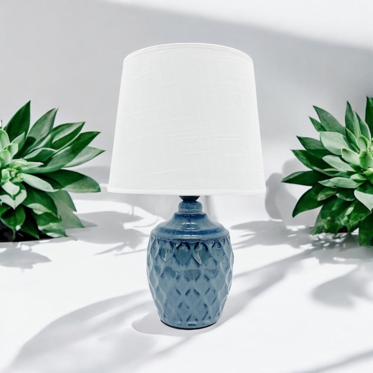 AcaciaHome Sophisticated and Durable 40cm Blue Ceramic Table Lamp with White Drum Shade - Elegant Home Decor with Functional Design for bedrooms, Living Rooms, or Studies Room (Round/Tall Blue Vase)