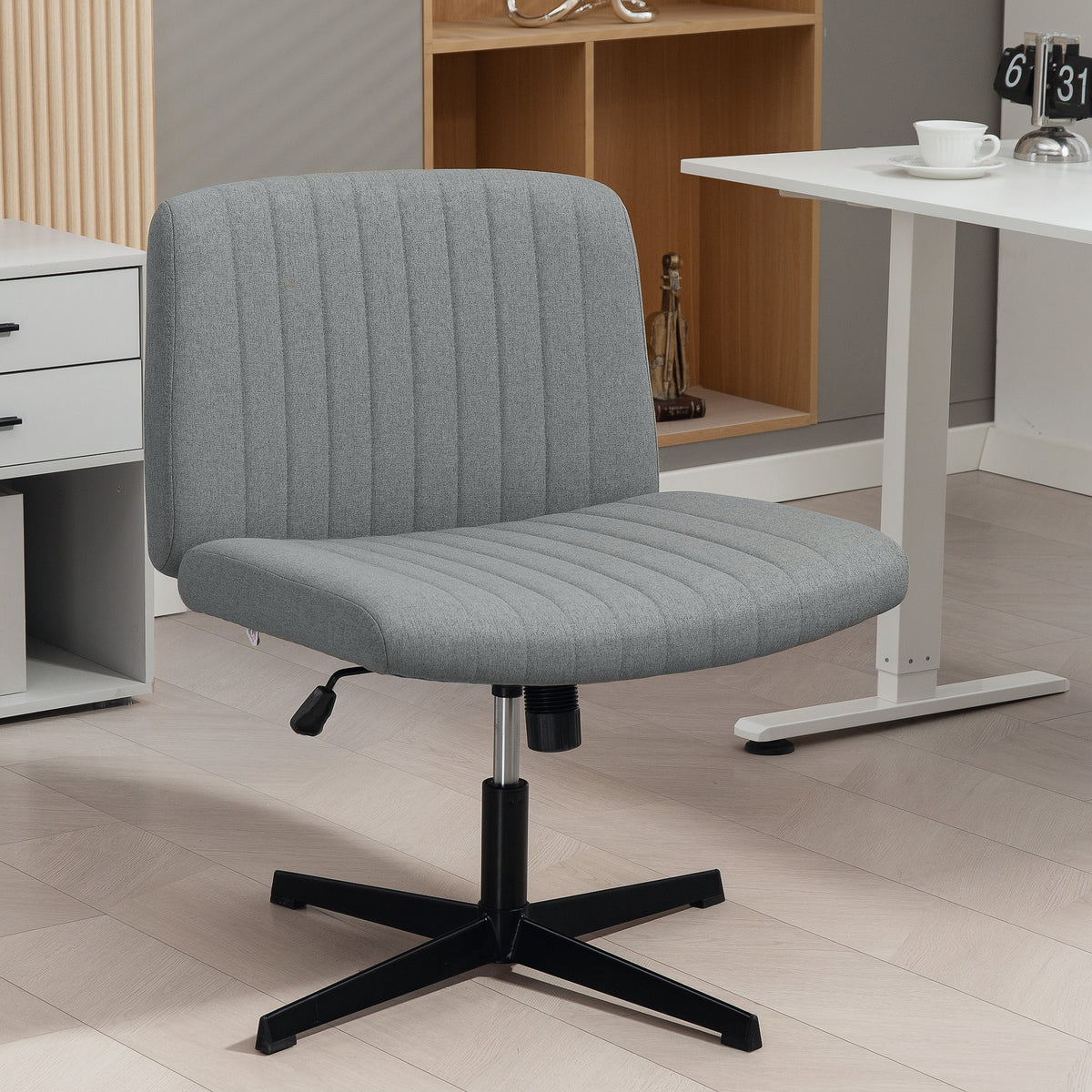 HOMCOM Armless Office Chair No Wheels, Linen Fabric Criss Cross Legged Desk Chair with Wide Seat, Thick Padding, Tilt Function, Height Adjustable Swivel Computer Seat for Home, Grey