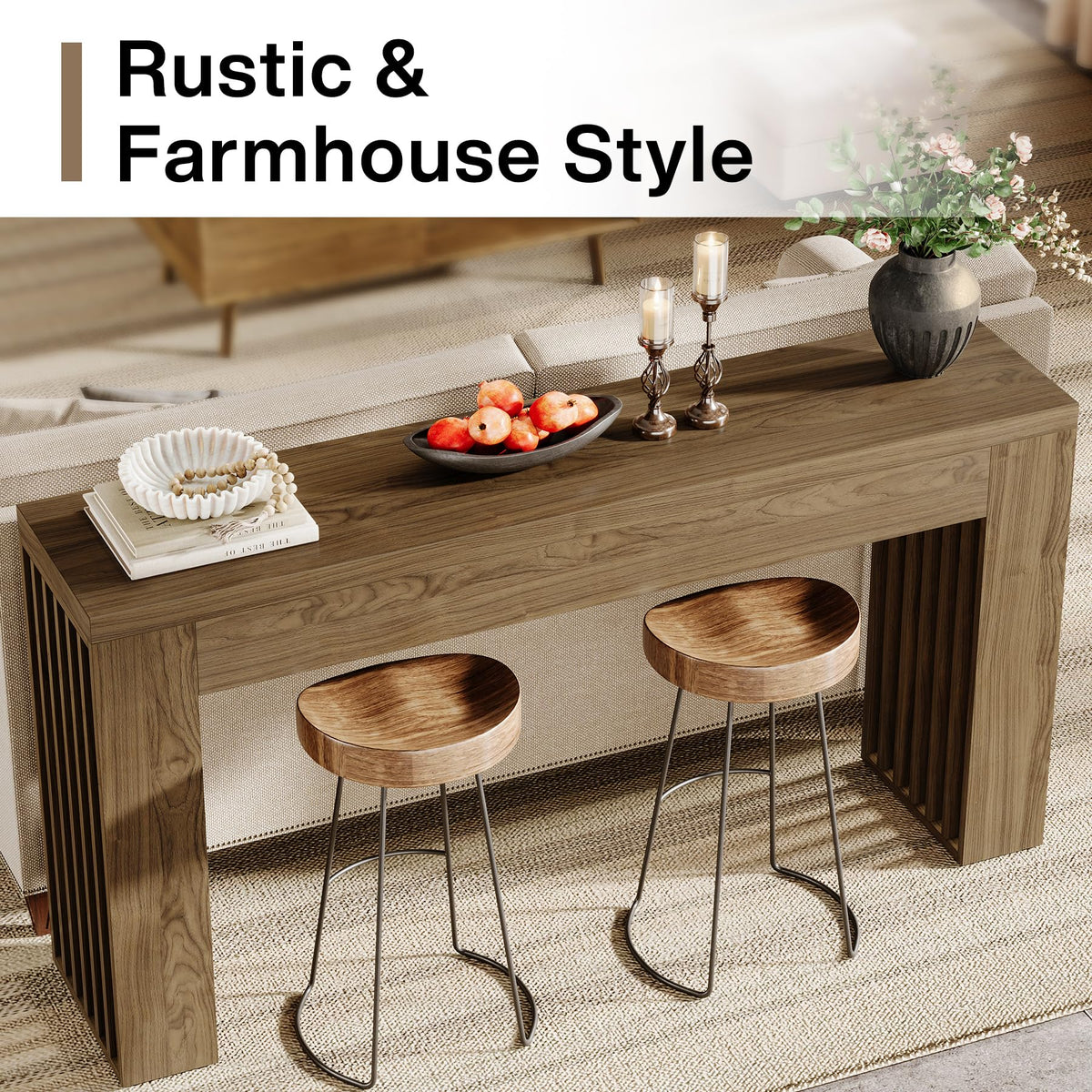 Tribesigns 150cm Long Wooden Console Table Behind Sofa with Vertical Slat Legs for Entryway, Hallway, Entryway, Living Room Rustic Brown