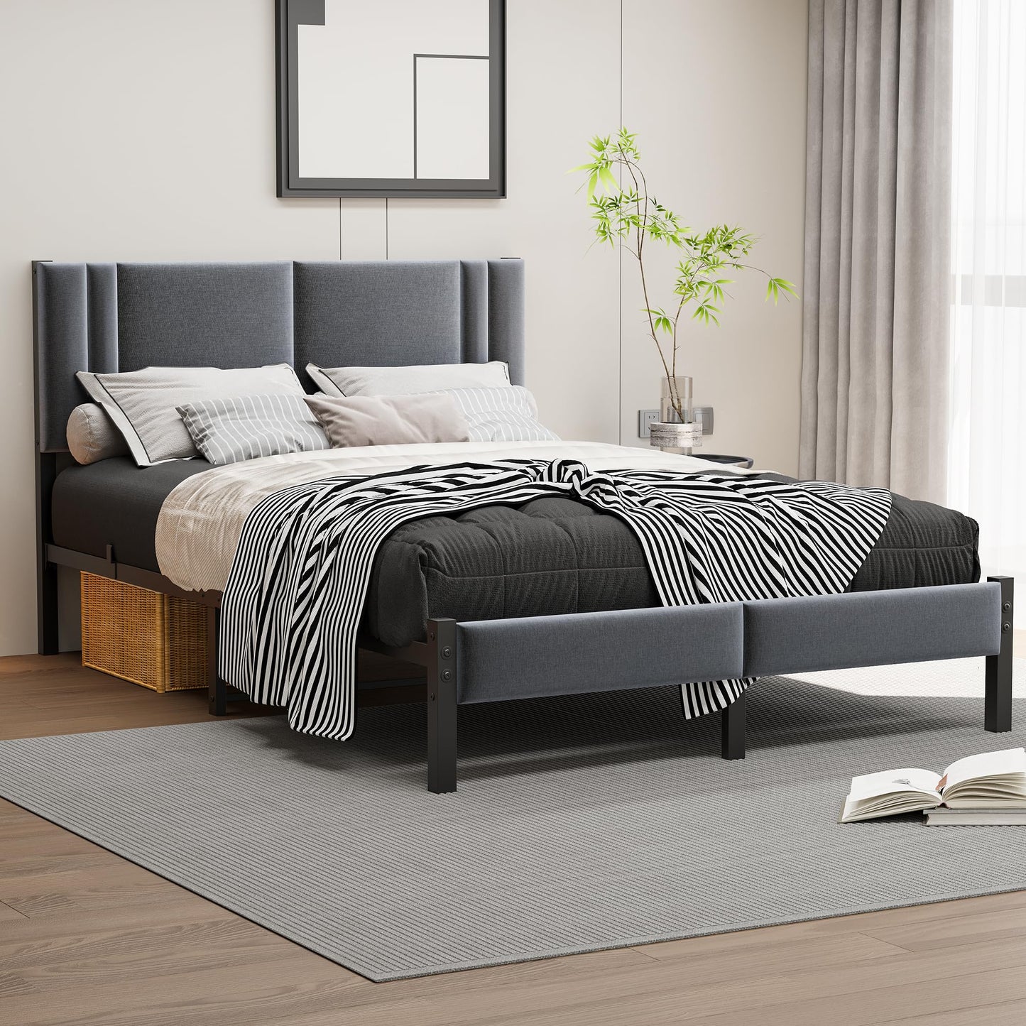 HAHRIR Double Bed Frame Upholstered Platform with Headboard, 135?190cm Metal Double Bed Frame with Slats Support,Mattress Foundation, Dark Grey