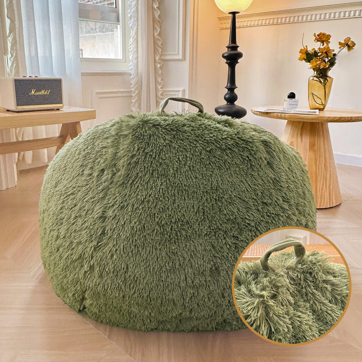 XeGe Comfy Fluffy Faux Fur Bean Bag Chair CoverNo Filler, Sage Green