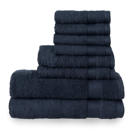 Welhome Basic 100% Cotton Towel (Deep Navy) - 8 Piece Set - Quick Dry - Absorbent - Soft - 434 GSM - Machine Washable - 2 Bath - 2 Hand - 4 Wash