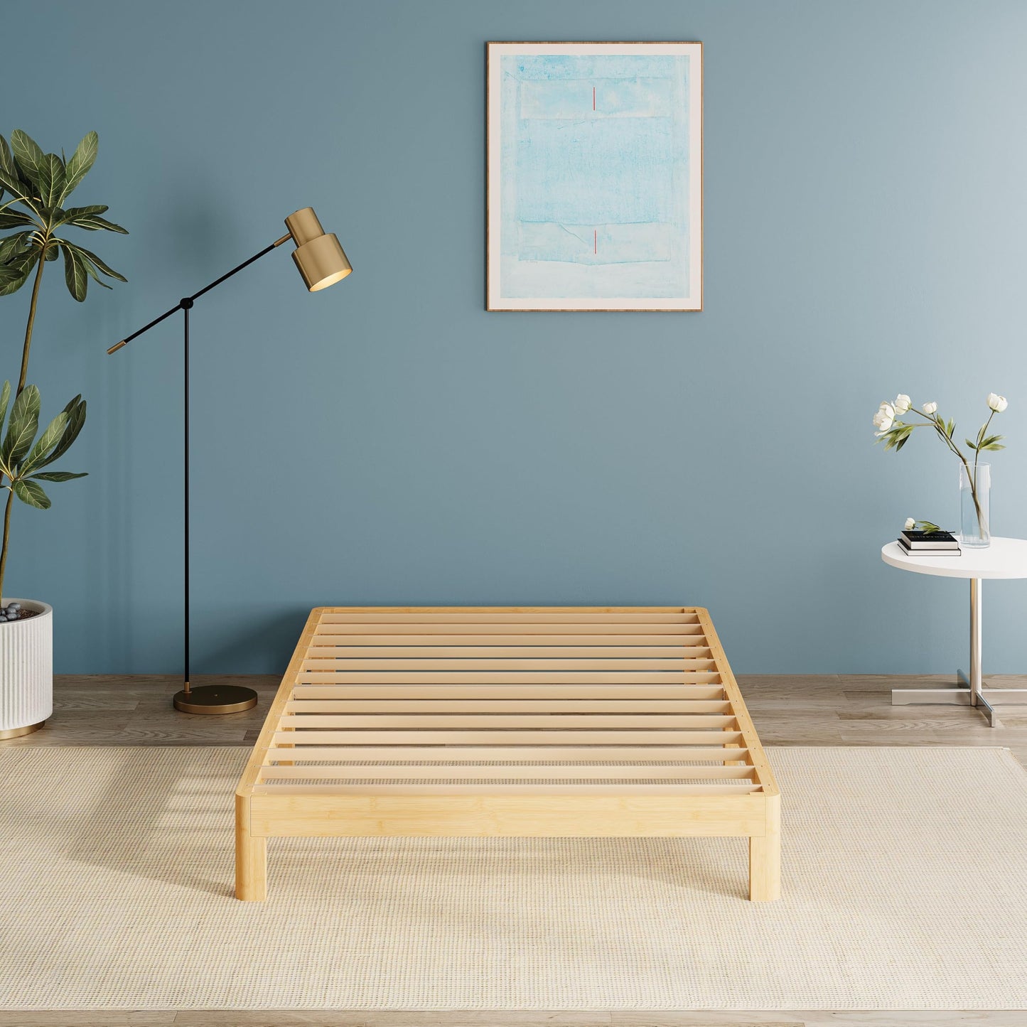 QFtime Wooden Single Bed Frame, Platform, Bamboo Wood, Sturdy, 25.4 cm High
