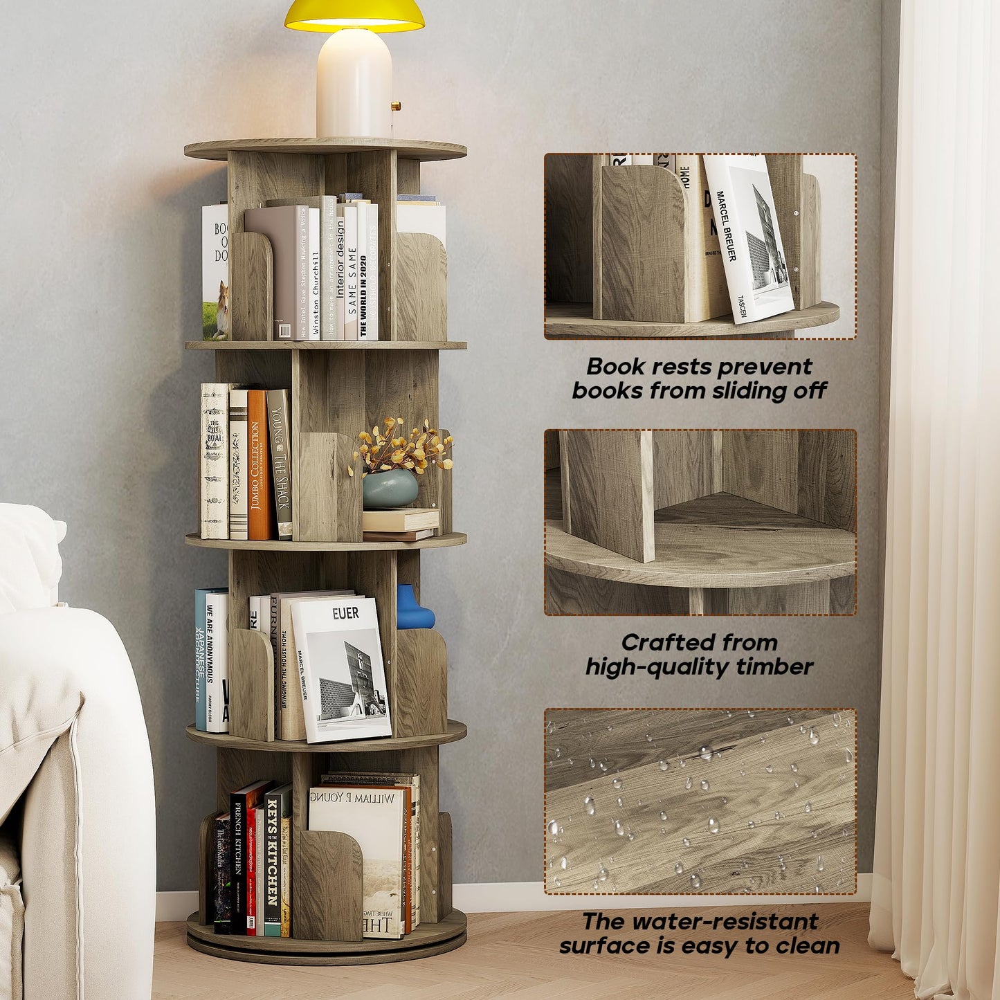 Quikraen 4-Tier Rotating Bookshelf，360° Rotating Storage Rack，Oak Color