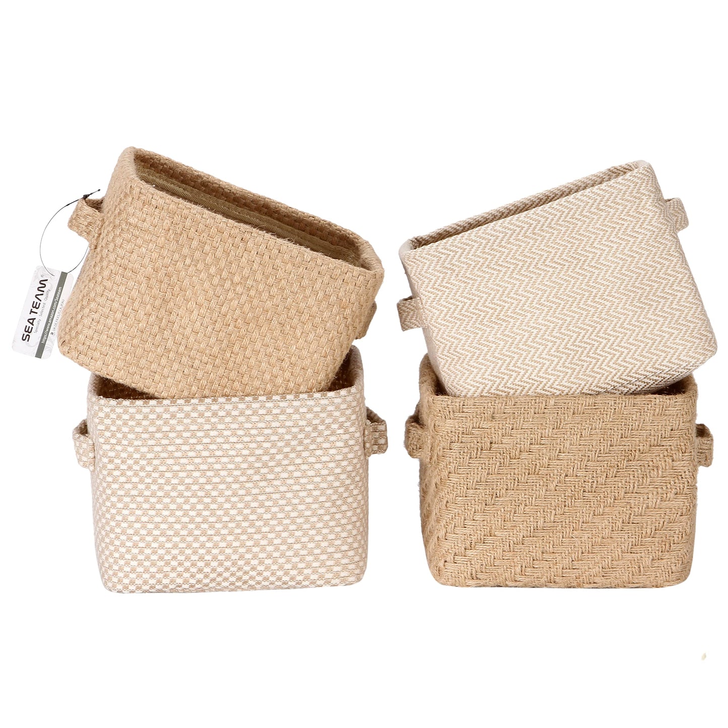 Sea Team 4.5L Jute Storage Baskets, 4pcs Square Boxes with Handles