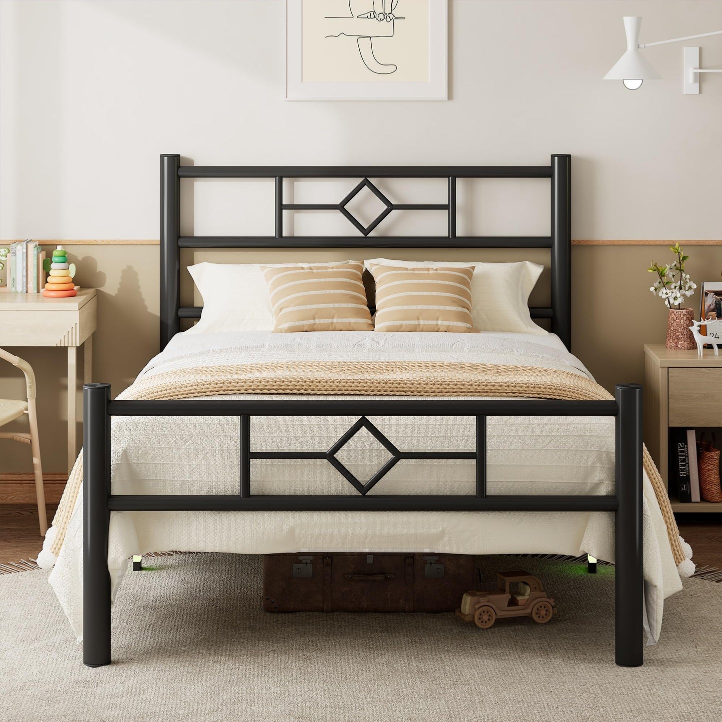 Feonase Single Bed Frame with Headboard and Footboard, Metal Platform Bed Frame Single with Underbed Storage, Solid Metal Slats Support