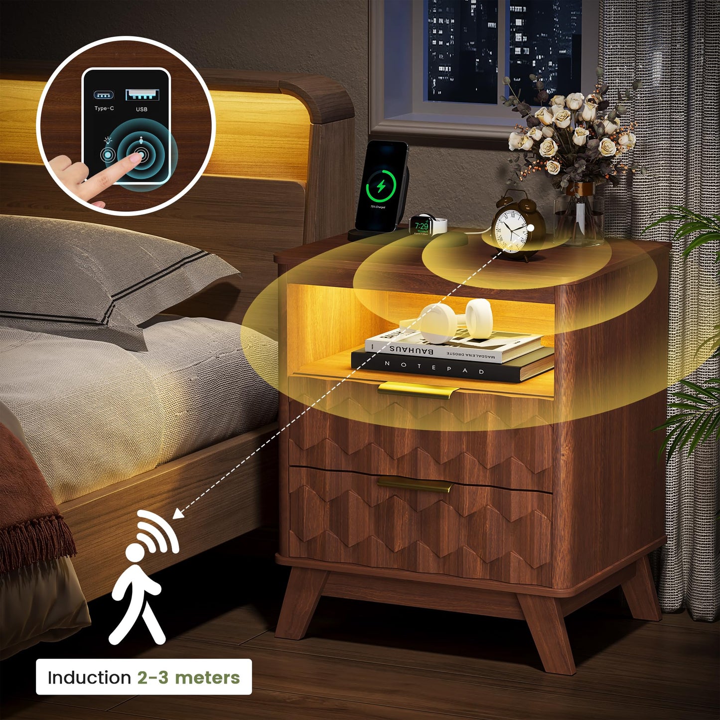Gurexl Led Bedside Tables with USB and Human Body Sensor for Bedroom,Walnut