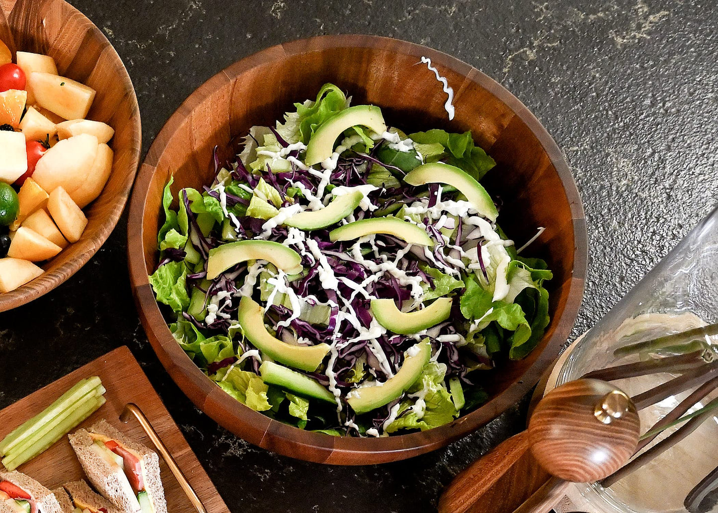 BF BILL.F SINCE 1983 Acacia Wood Salad Bowl Set, Wooden Server for Fruit & Salad - Family-Sized, 30cm Large, 3Pcs- Natural, Durable, and Stylish