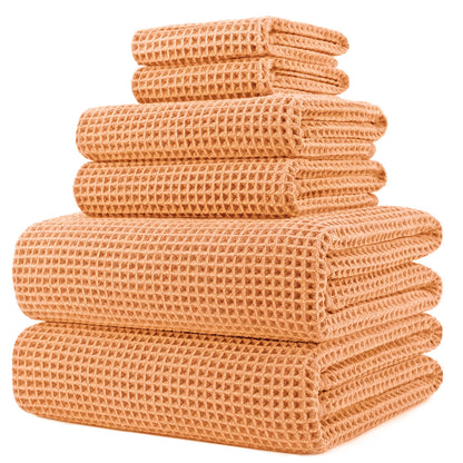 POLYTE Microfibre Oversize, 76 x 152 cm, Quick Dry Lint Free Bath Towel Set, 6 Piece (Orange, Waffle Weave)