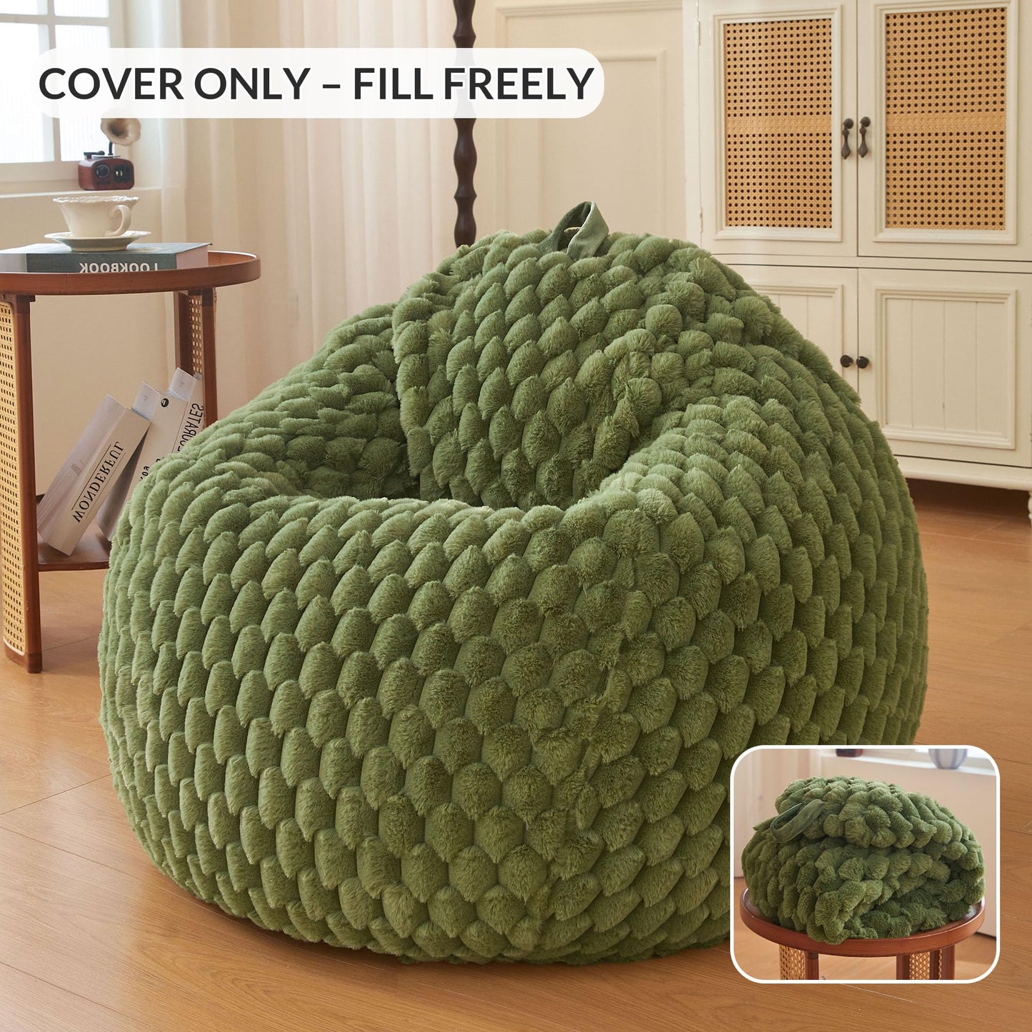 XeGe 3D Bubble Kids Faux Rabbit Fur Bean Bag Cover(No Filler), Sage Green