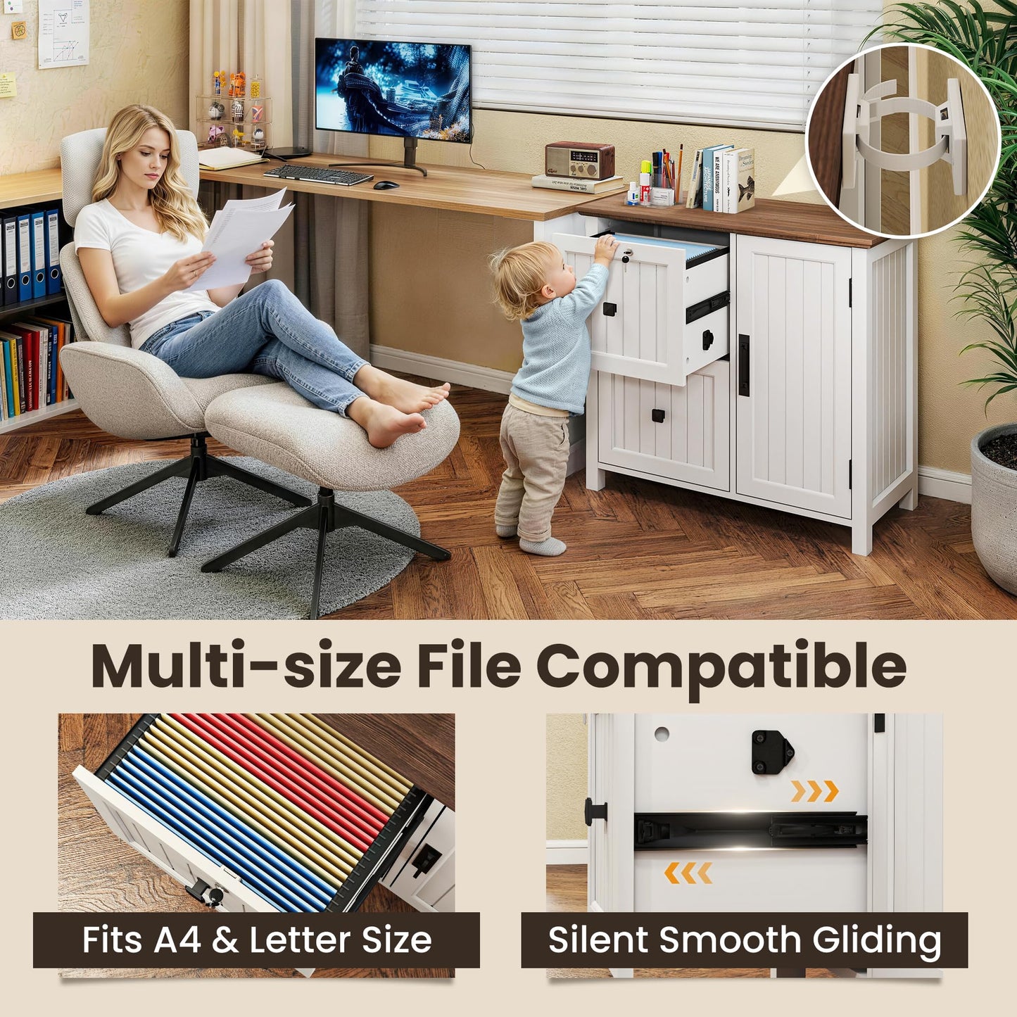 Pamapic File Cabinet, Wooden Filing Cabinet with 2 Lockable Drawers, Under Desk drawers for Letter/A4 Size