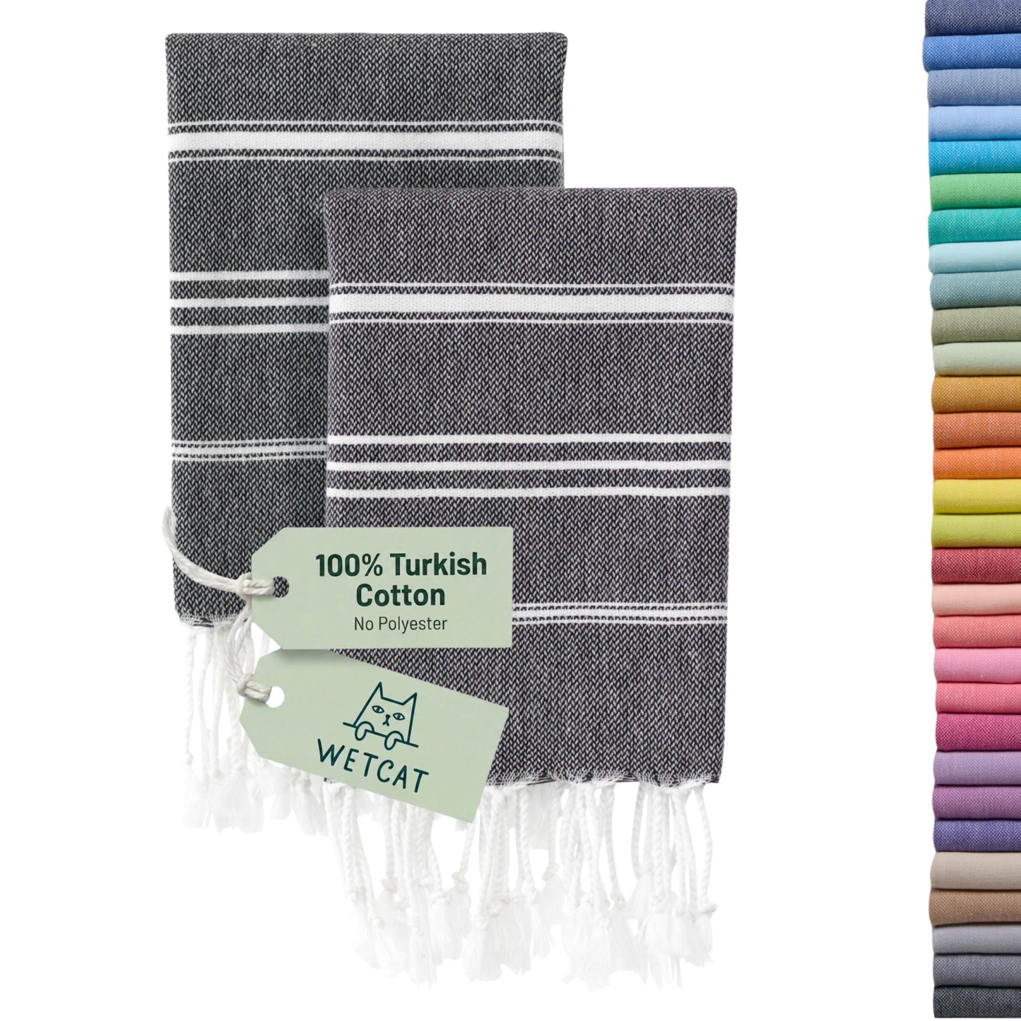 WETCAT Turkish Hand Towels with Hanging Loop, Set of 2 (20" x 30") 100% Turkish Cotton, Pre-Washed, Quick Drying, for Kitchen or Bathroom - Black