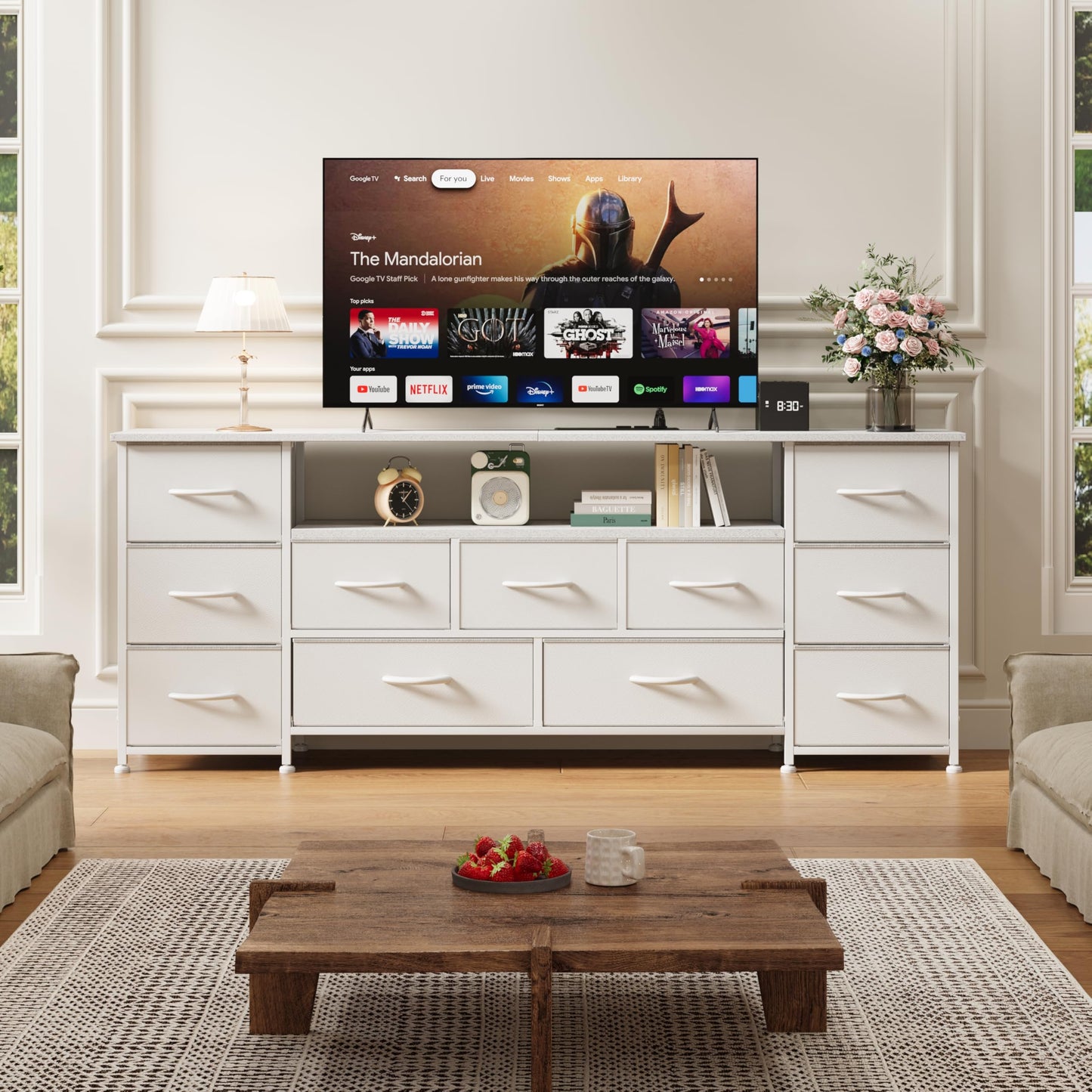 VERMESS 63" Tv Cabinet, Dresser for Bedroom with 11 Fabric Drawers, TV Stand with Power Socket for TVs up to 70", TV Units for Living Room, Bedroom