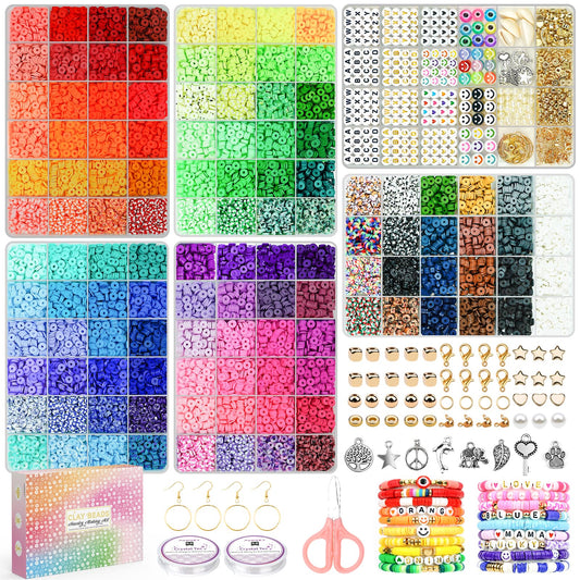 Paodey 20,000 Pcs Clay Beads 120 Colors Friendship Bracelet Making Kit, 6 Boxes Polymer Heishi Beads Jewellery Making Kit with Letter Charms Elastic
