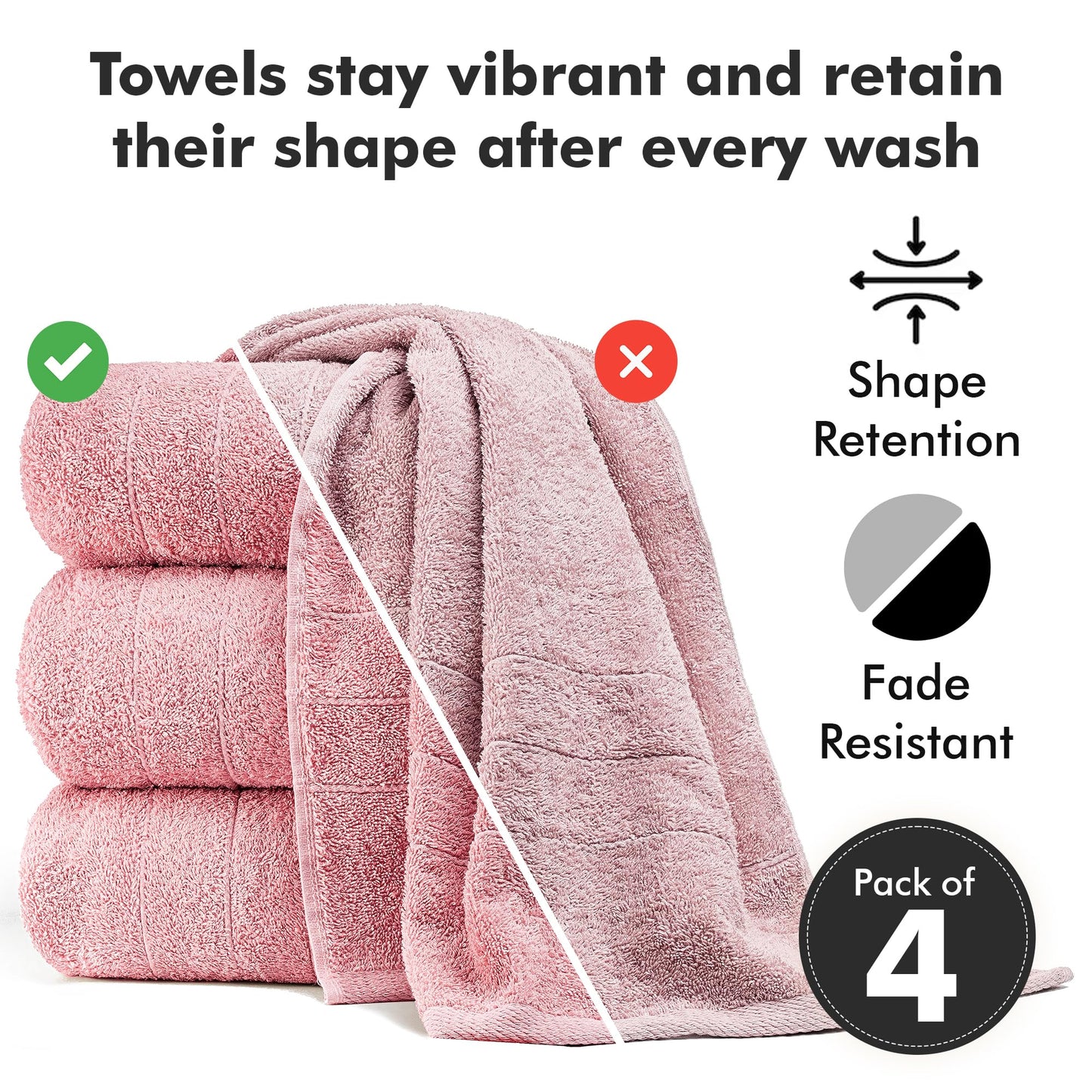 Novo Home Bath Towels Set of 4 – 550 GSM 100% Cotton Baby Pink Extra Large Towels for Bathroom, Spa Use (70x140 cm)