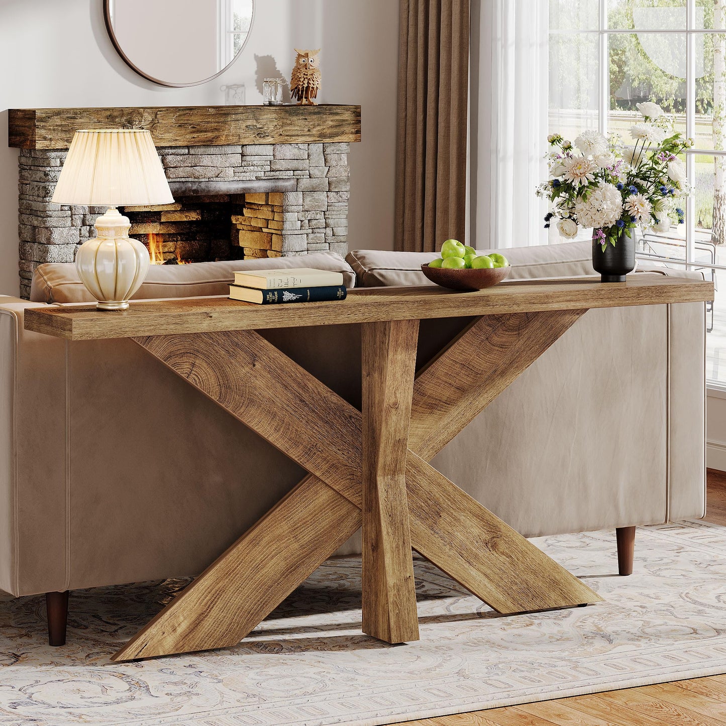 Tribesigns 70.9 Inches Long Sofa Table Behind Couch, Farmhouse Console Entry Table with Wooden Geometric Base for Entryway, Living Room, Oak Brown