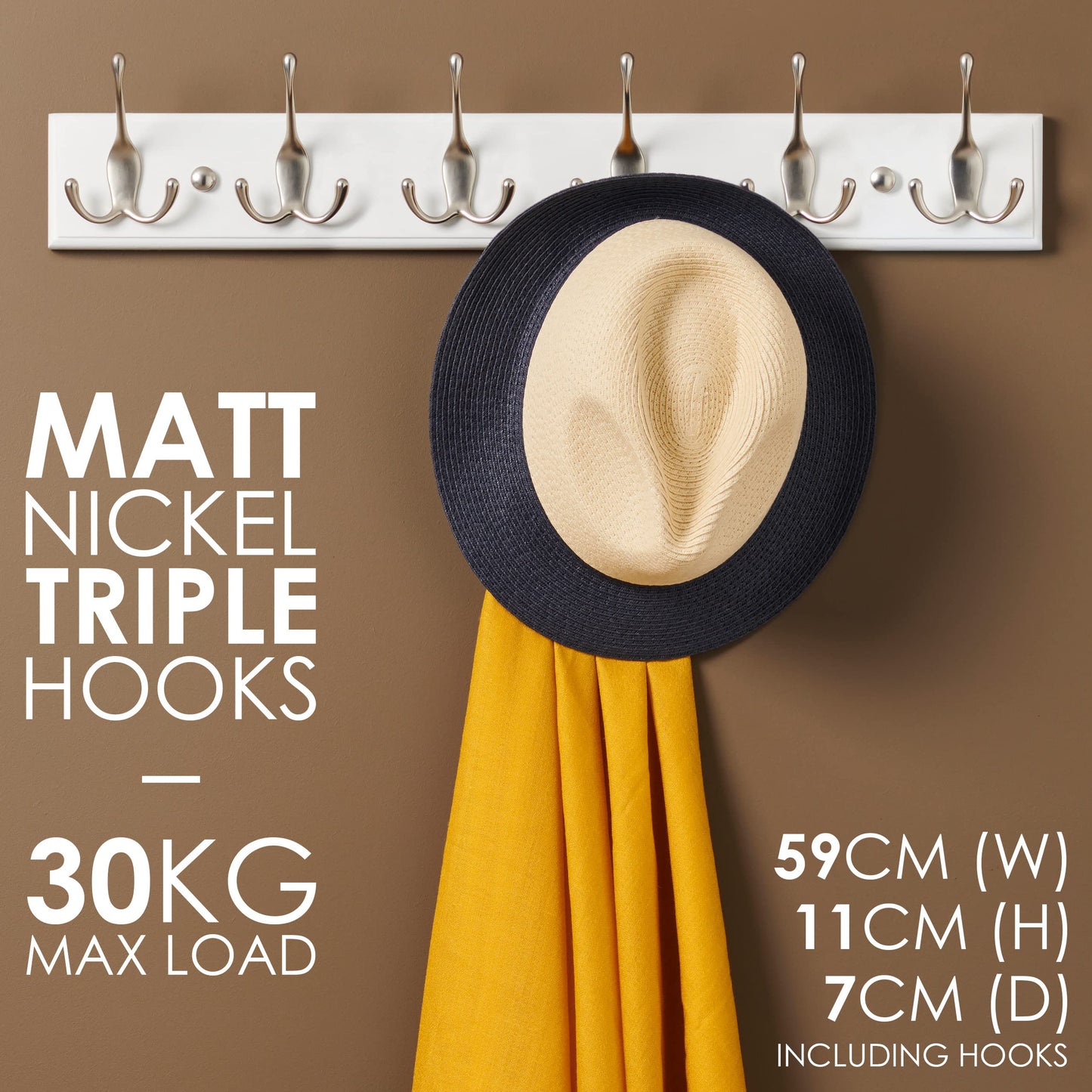 LARHN White Wall-Mounted Coat Rack - 6 Matt-Nickel Coat Hooks, 59cm