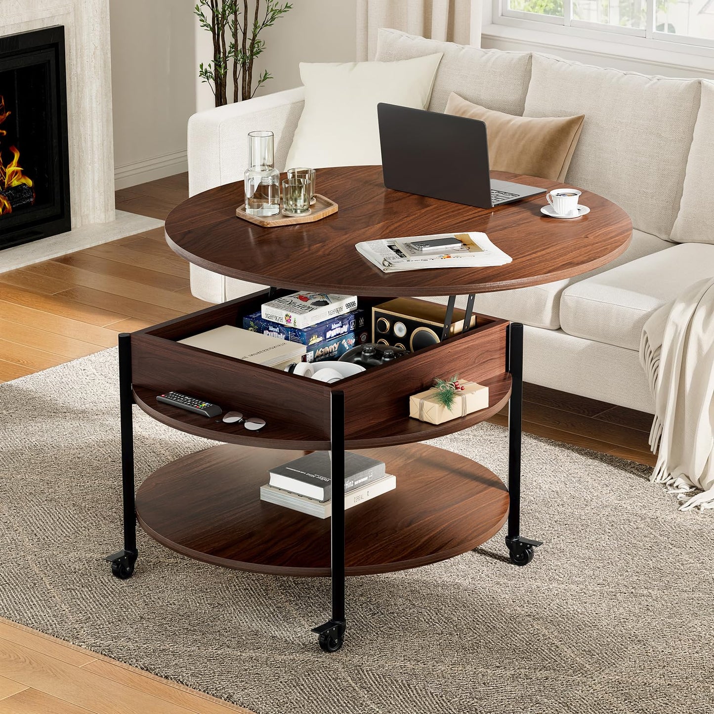 Mossora Espresso Round Lift Top Coffee Table with Lockable Wheels & Storage