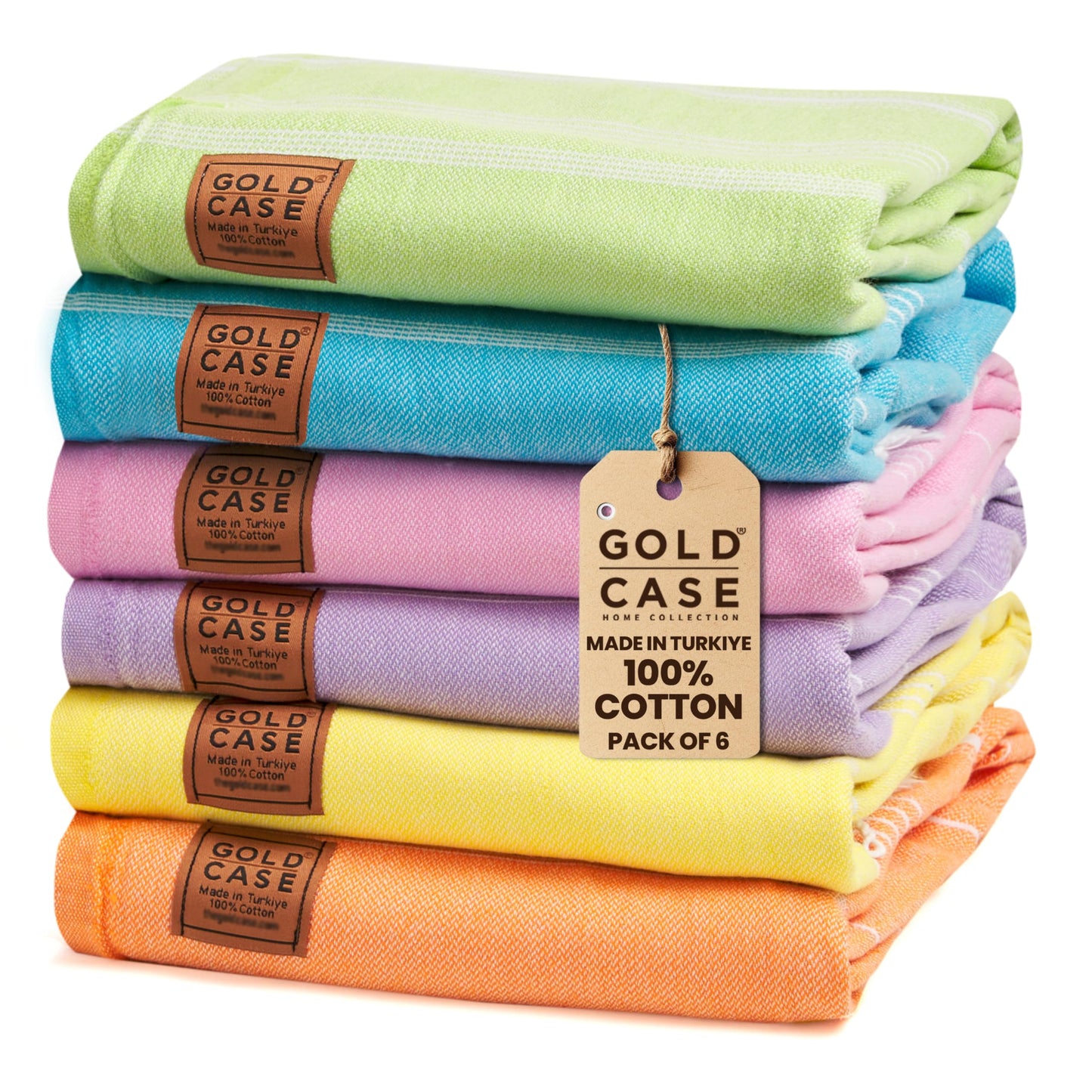 Gold CASE Turkish Beach Towel - Set of 6-100% Cotton - 70x38 inches XXL Oversized - Quick Dry Sand Free Turkish Towel Lightweight Bath Towels
