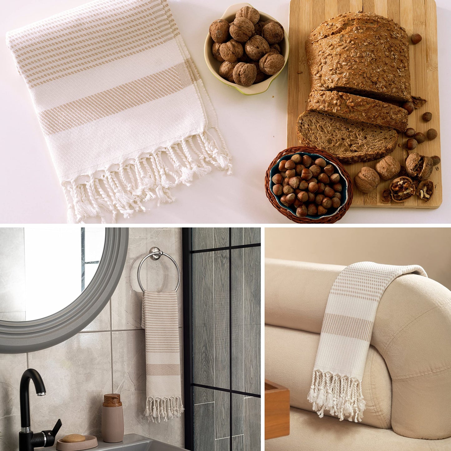 Ruvy Home Basics Turkish Hand Towels Set of 2 | 16x40 inches, 100% Turkish Cotton | Bathroom, Kitchen, Yoga, Gym, Spa, Tea, Dishcloth, Face - Beige