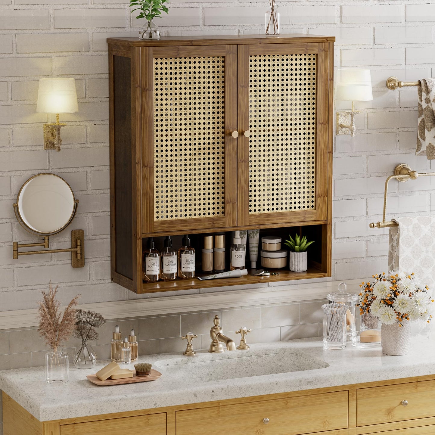 vovala Bathroom Wall Cabinet, Bamboo Over-The-Toilet Storage Organizer with 2 Rattan Doors and Adjustable Shelf